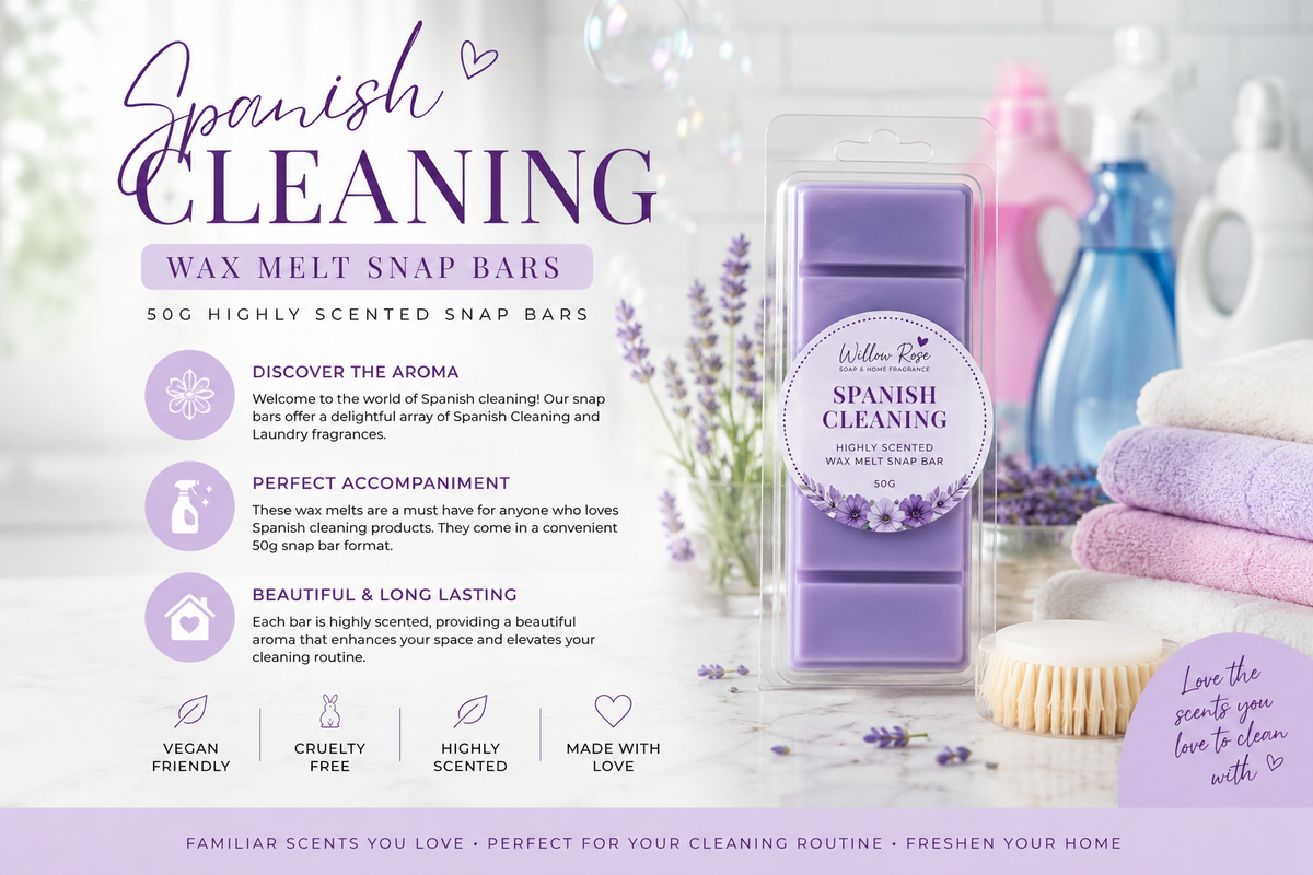 Spanish Cleaning Wax Melt Snap Bars in a purple rectangular box, shown on a soft pastel background with cleaning products and lavender illustrations. The package features a circular white label with purple text, and the ad includes descriptive callouts about the scent and benefits.