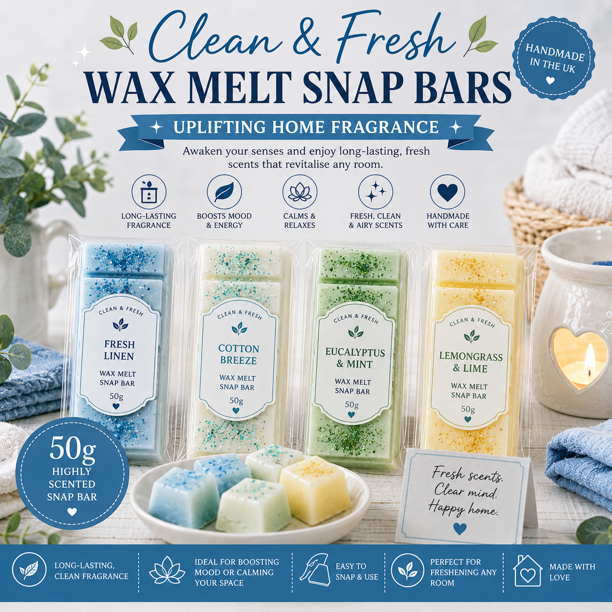 Clean & Fresh Handmade Wax Melt Snap Bars – 50g