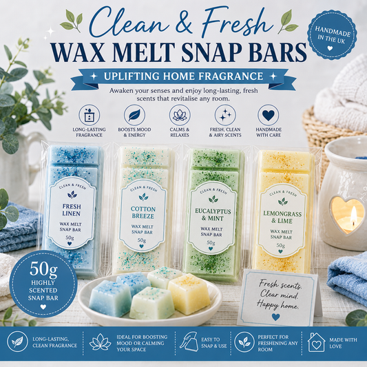 Clean & Fresh Wax Melt Snap Bar 50g – Uplifting Home Fragrance, Handmade in the UK