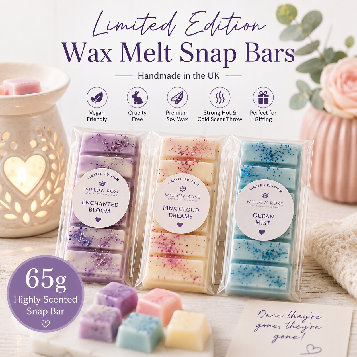 "Three Willow Rose Limited Edition Wax Melt Snap Bars in Enchanted Bloom, Pink Cloud Dreams and Ocean Mist — 65g highly scented snap bars, vegan friendly, cruelty free, made with premium soy wax, handmade in the UK"