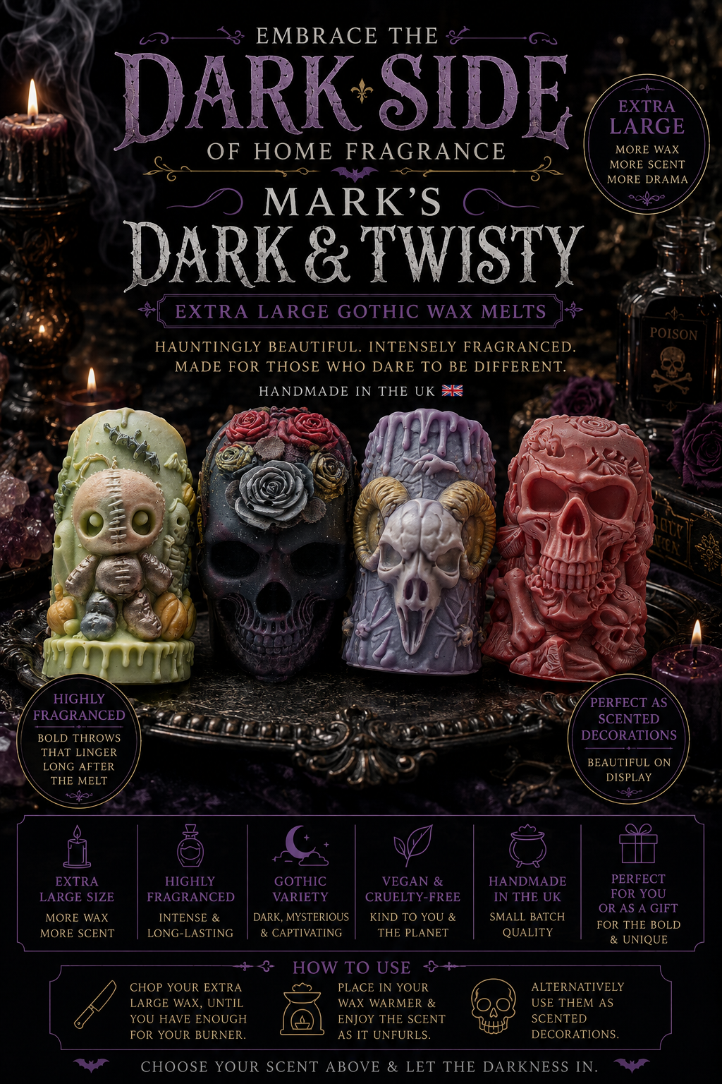 Book cover for 'Embrace the Dark Side of Home Fragrance: Mark's Dark & Twisty' featuring four sculpted skull and demon figurines in dark, gothic colors against a black background with candles and decorative text.