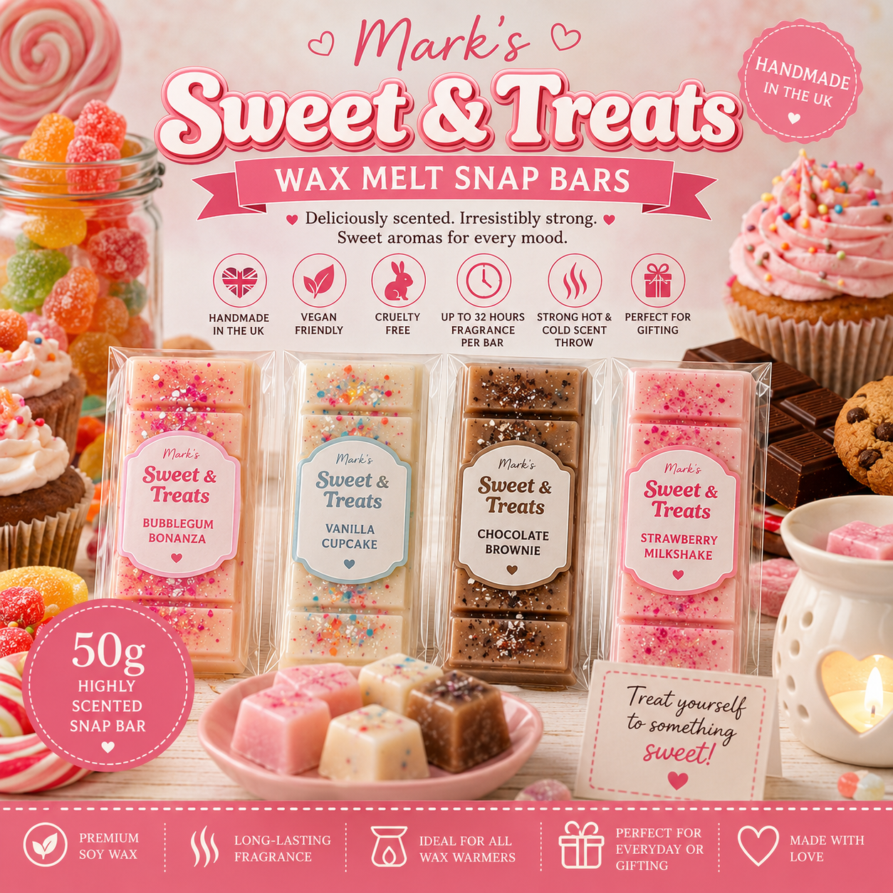 Mark's Sweet & Treats Wax Melt Snap Bars | 50g Soy Wax | Confectionery Inspired Scents