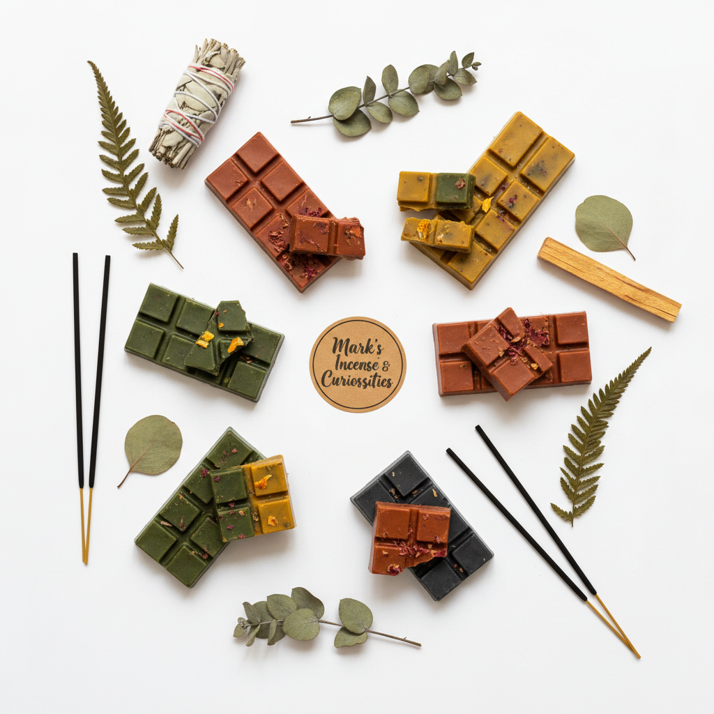 Mark's Incense & Curiosities handmade wax melt snap bars on white background