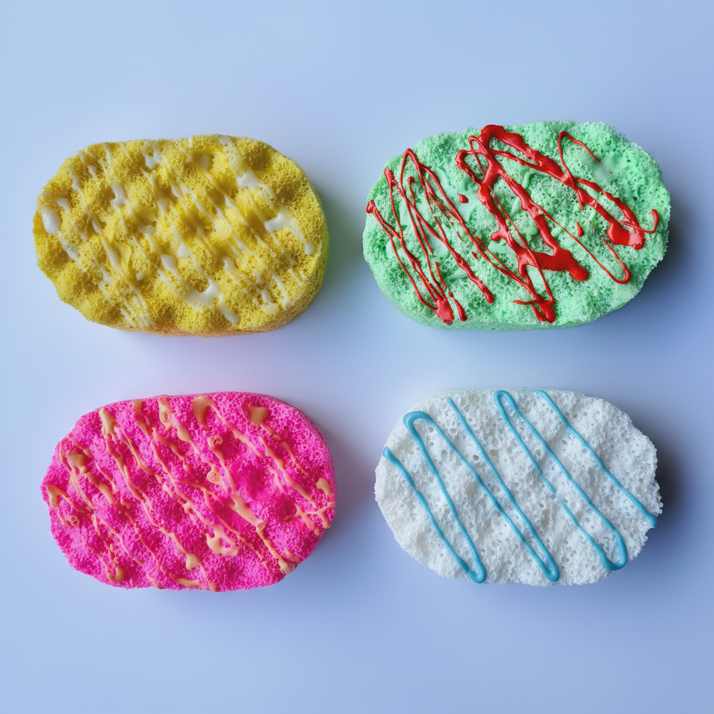 Exfoliating soap sponges in multiple colours on a light lavender background
